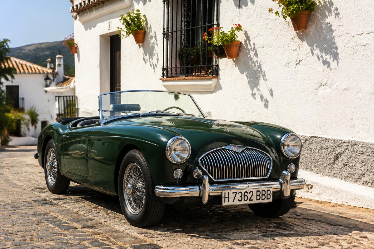 Classic 1960s British roadster on an Andalusian village street